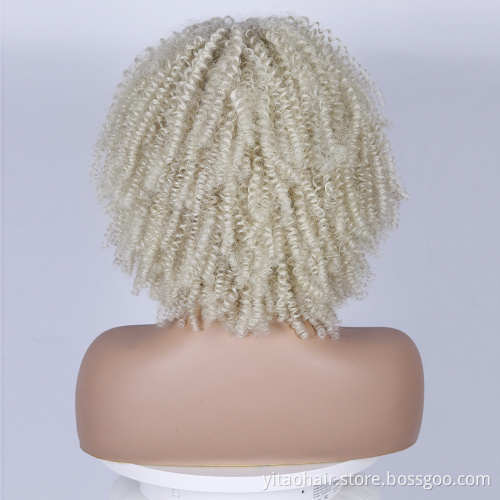 Wholesale Light Blonde Curly Wigs for Women Afro Curly Wigs with Bangs 14 Inch Afro Kinky Loose Curly Wave Synthetic Hair Wigs